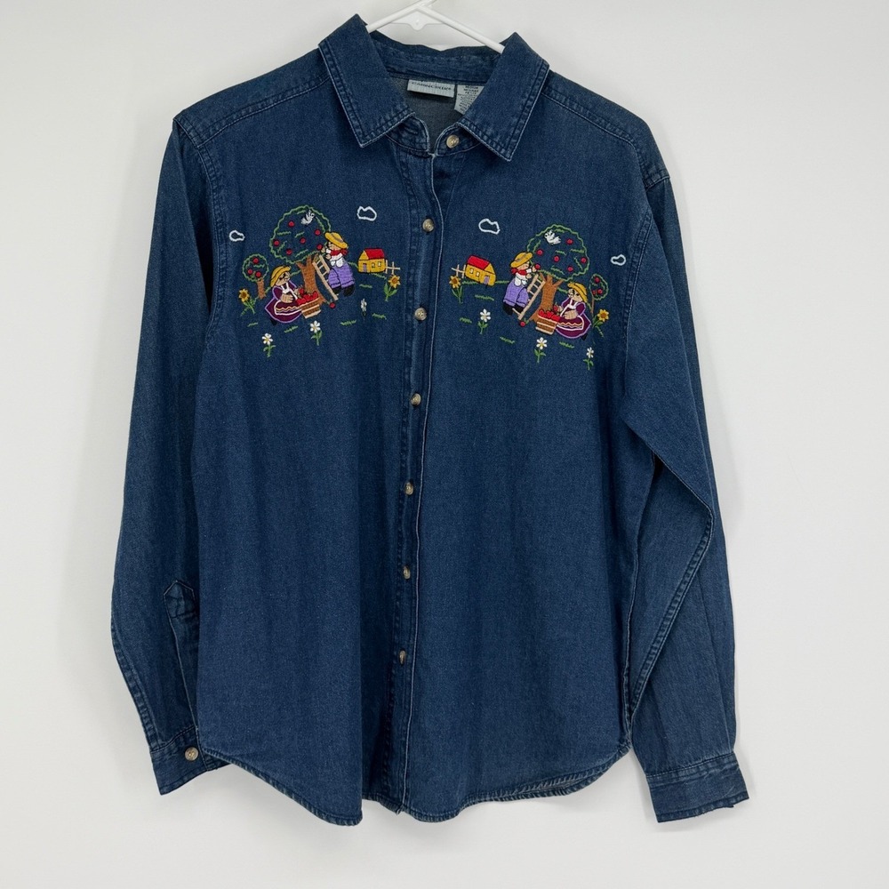 Vintage Denim‎ Embroidered Long Sleeve Button Up Shirt Medium Petite Cottagecore